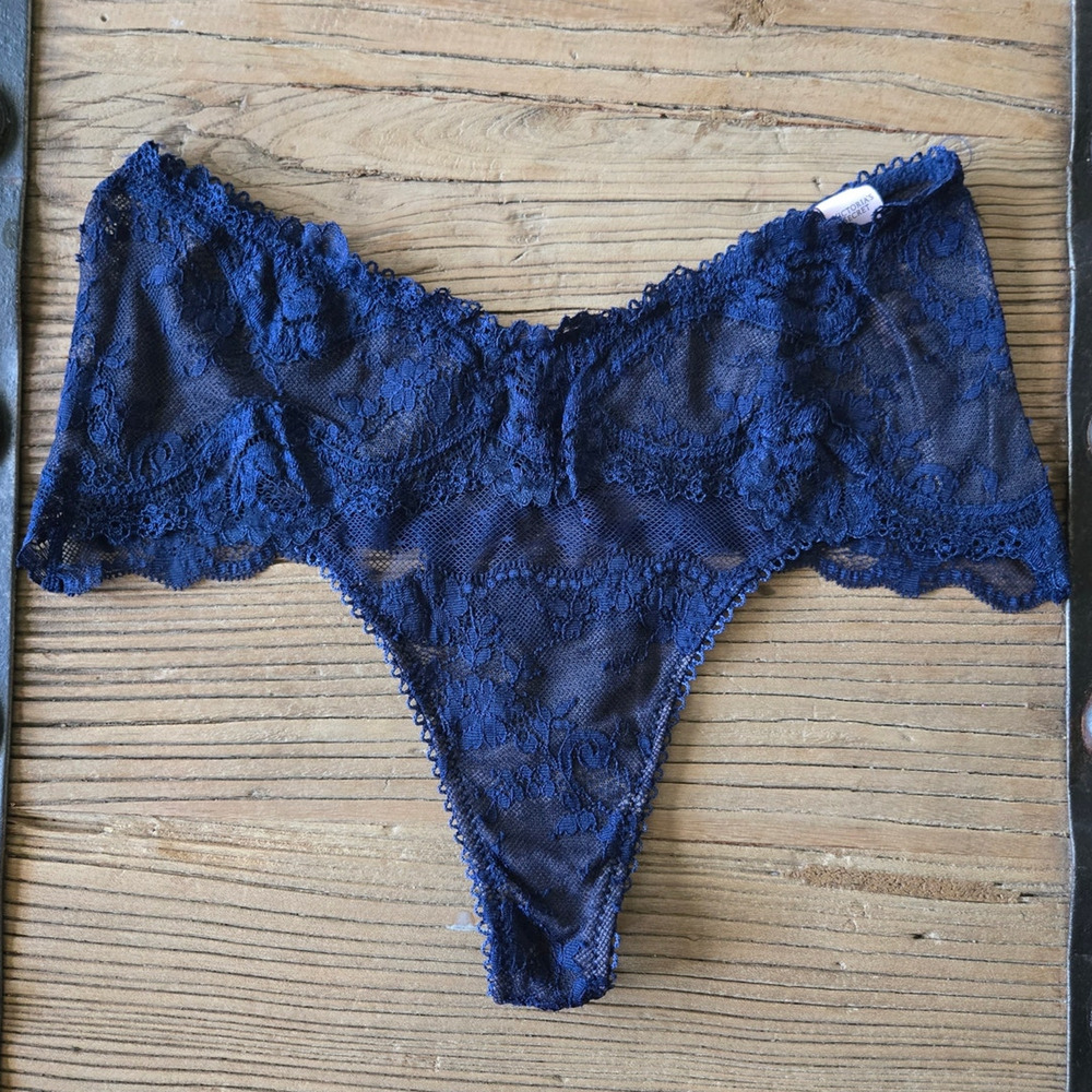 Victoria's Secret Navy Blue High Waist Wide Side Thong sz Small New